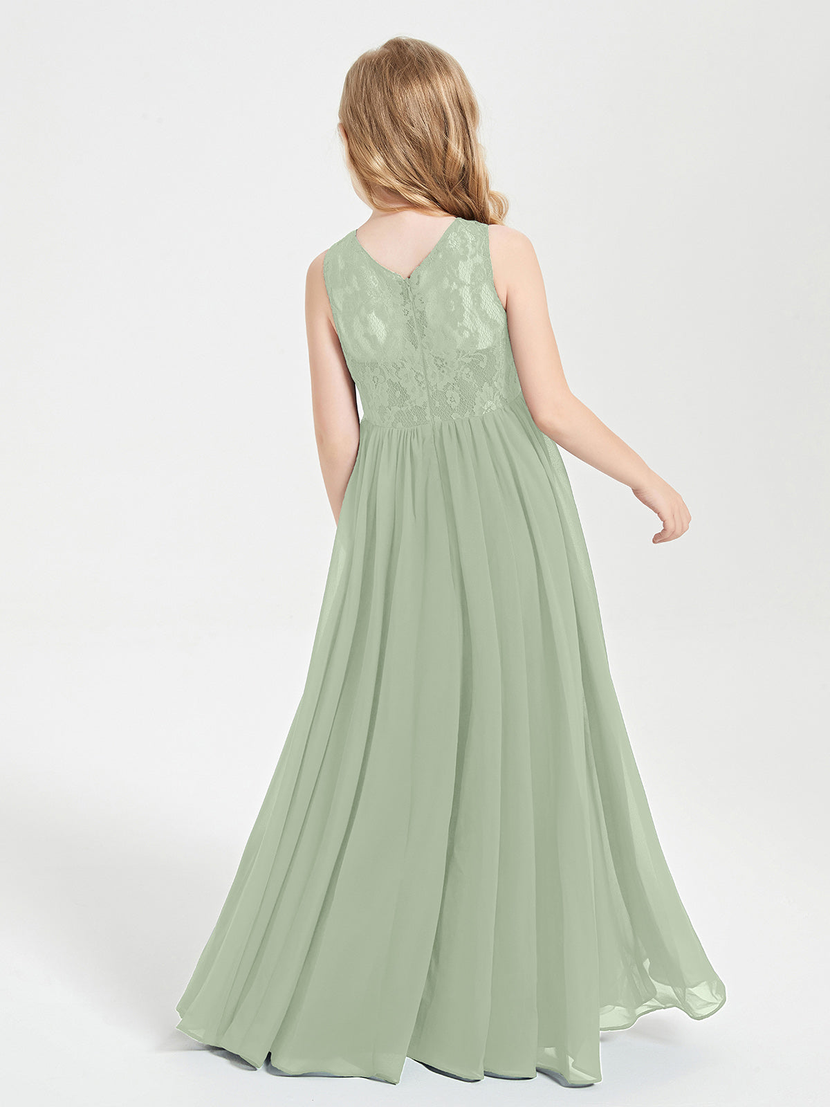 Long Junior Bridesmaid Dresses Lace Top Dusty Sage